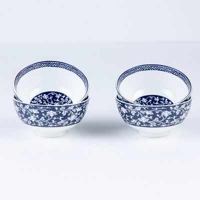 Indigo Floral Porcelain Bowls for Snacks - Set of 4 Pieces, 5 inch Wide