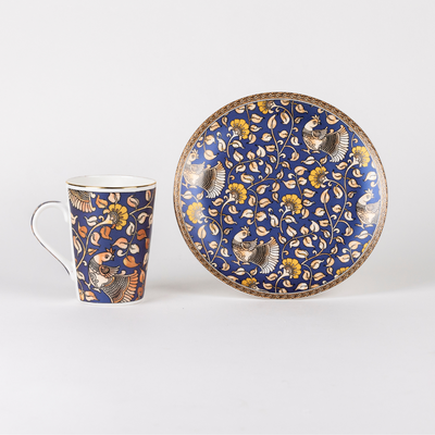 Kalamkari Hues in Blue Mug & Snack Plate Set - 2 mugs (200 ml) & 2 plates (7 inches)