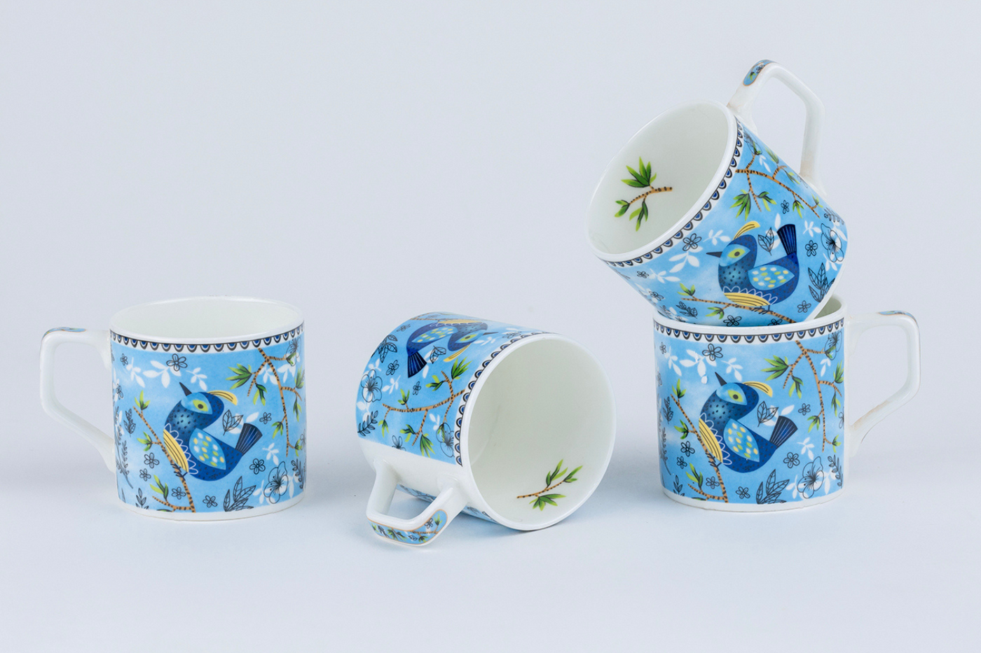 Heritage Birds & Leaves in Blue Coffee Set - 6 Cups & 1 Kettle