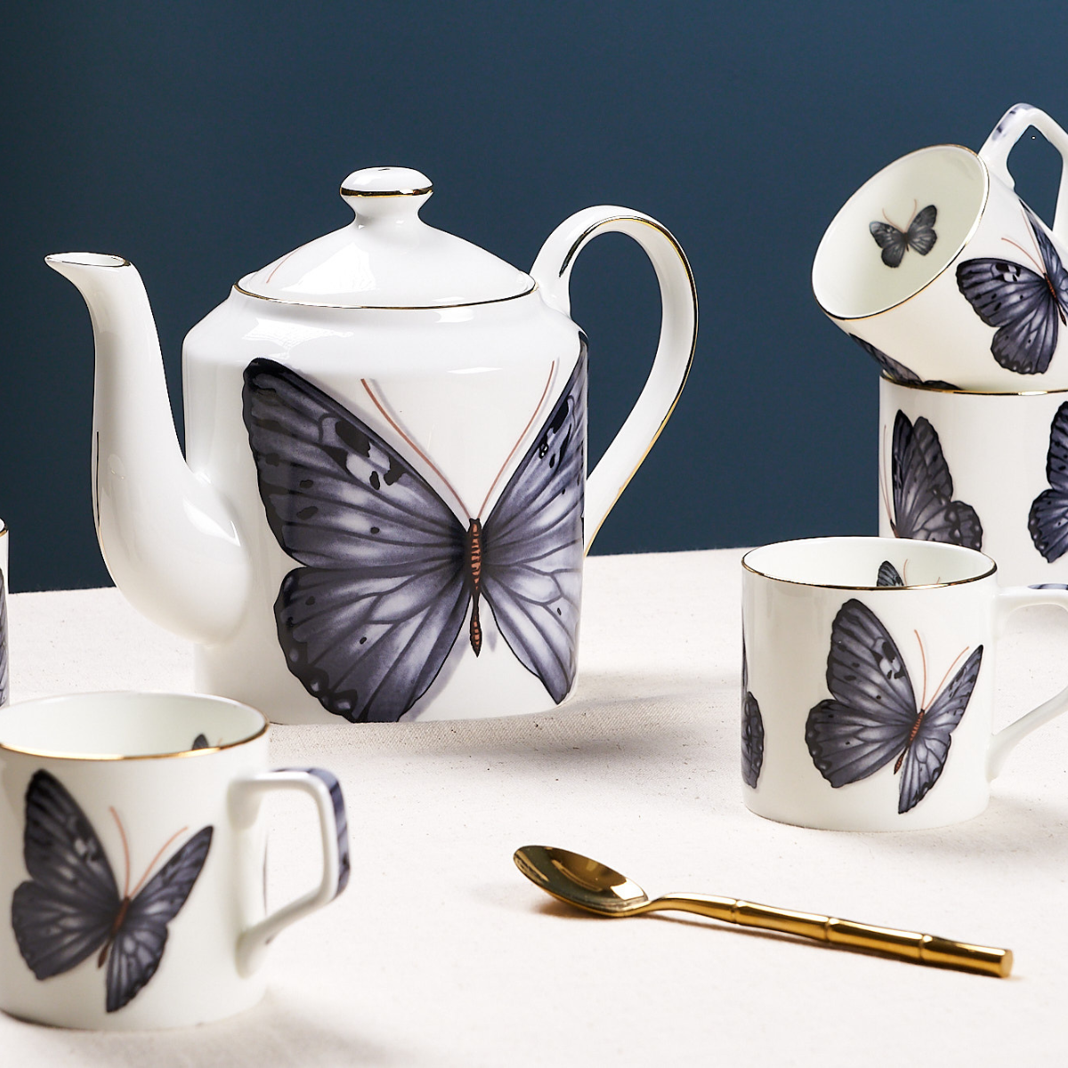 Grey Butterfly Tea Cups & Kettle - 6 Cups & 1 Kettle