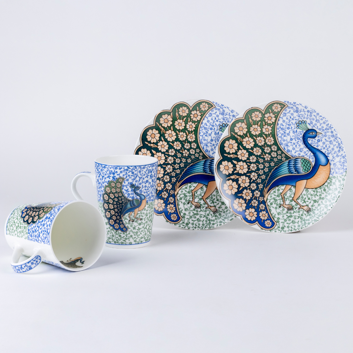Indian Peafowl Mug & Snack Plate Set - 2 mugs & 2 plates