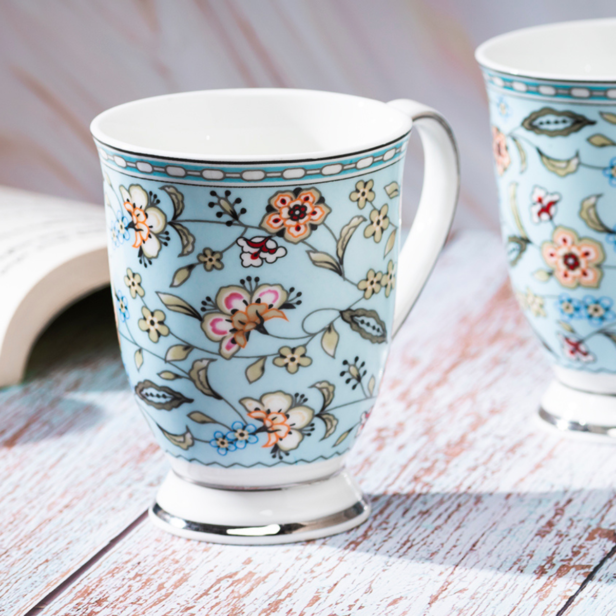 Blue Botanical Platinum Coffee/Tea mugs - Set of 2 (300ml each)