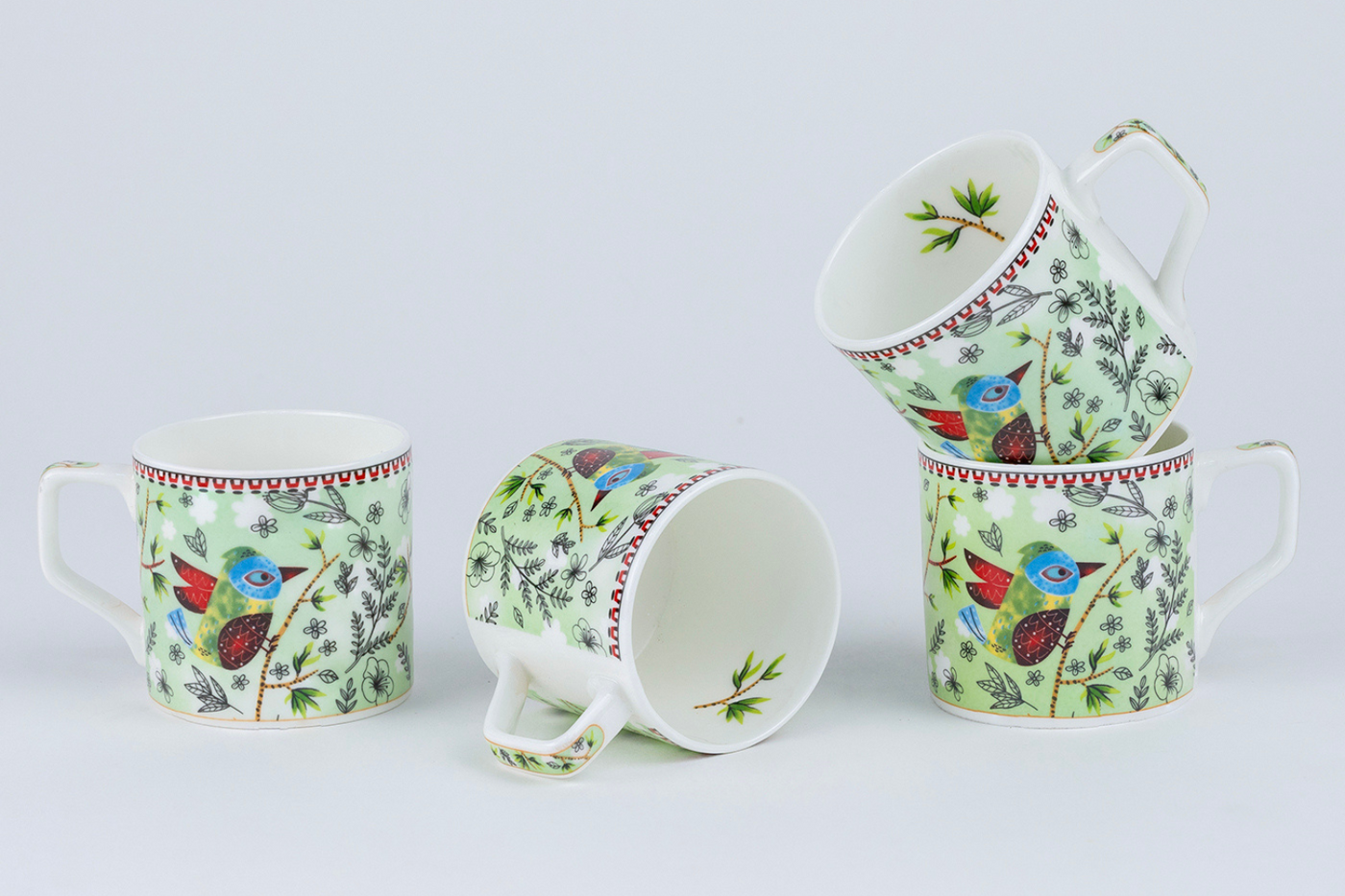 Heritage Birds & Leaves in Green Coffee Set - 6 Cups & 1 Kettle