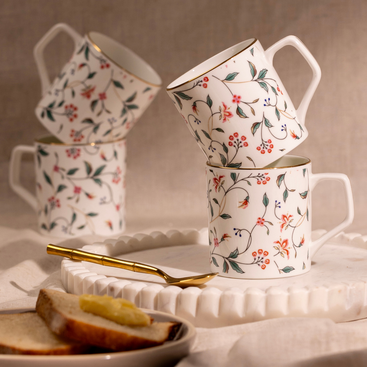 Leafy Blush & Pink Charm Tea & Coffee Cups - Set of 6, 200 ml