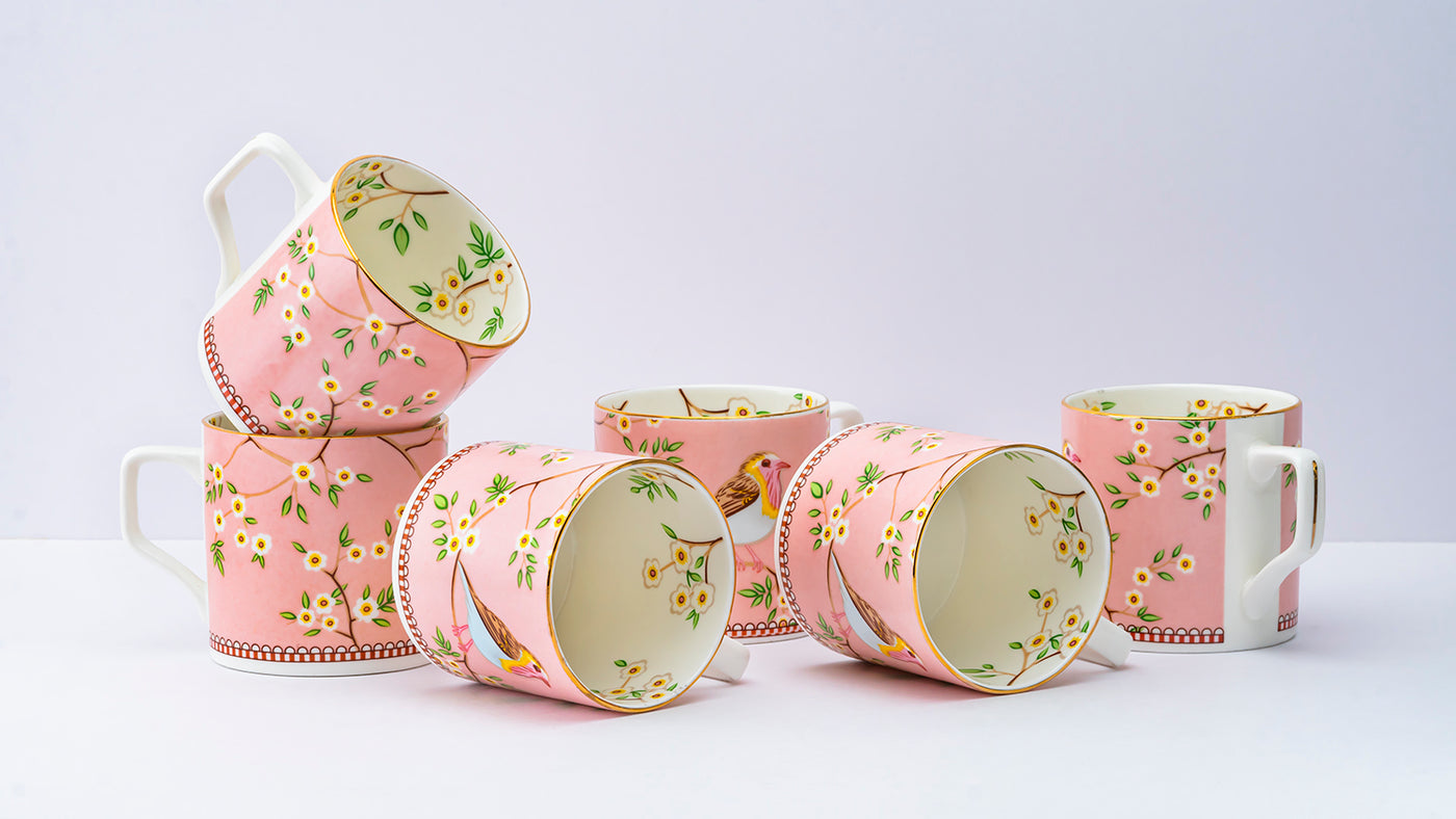Little birdie in Pink Tea/ Coffee Cups - Set of 6 , 200 ml