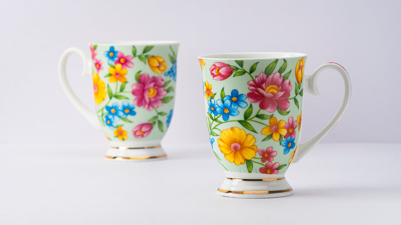 Green floral footed mug – Set of 2