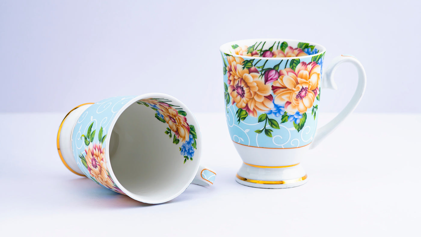 Yellow blossom footed mug (Blue) – Set of 2