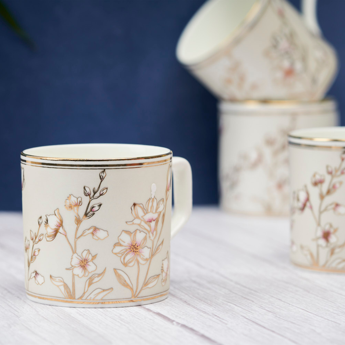 Blossom and Leaf  mugs (Pink) – Set of 6 (24K Gold detailing), 200 ml