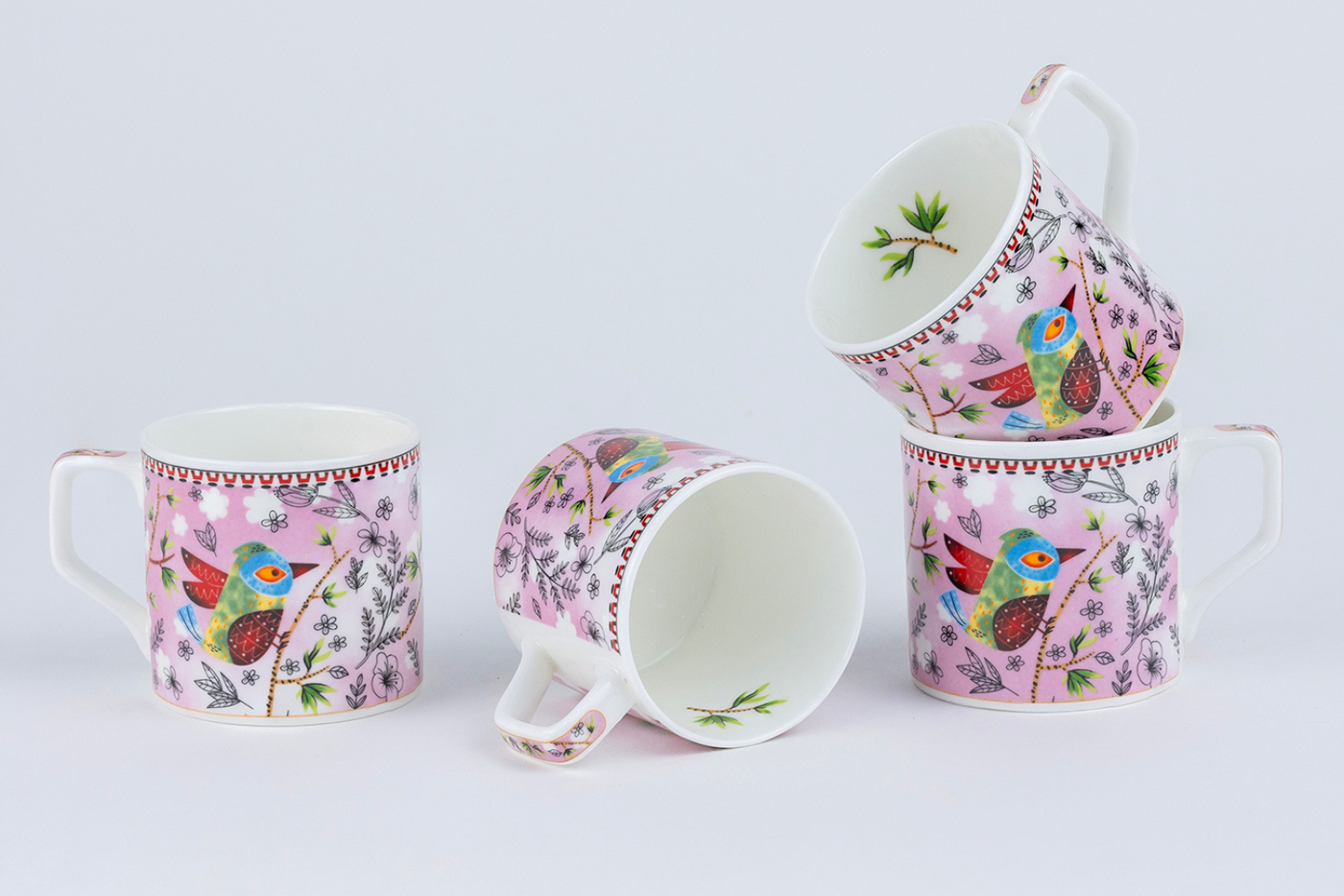 Heritage Birds & Leaves in Pink Coffee Set - 6 Cups & 1 Kettle