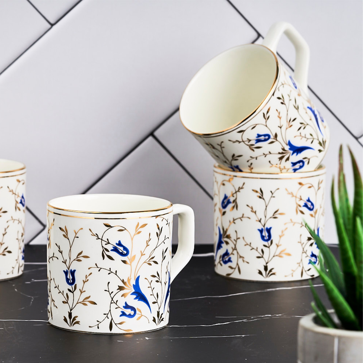 Golden Vine in Blue Tea/ Coffee Cups - Set of 6 (24 carat Gold detailing), 200 ml