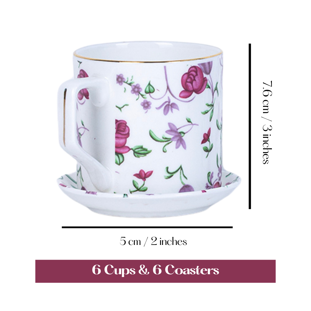 Button Rose Tea Cup & Coaster Set – 6 Cups + 6 Coasters, 200 ml, Premium Floral Ceramic Gift Set