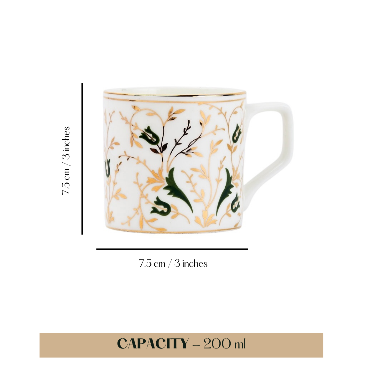 Golden Vine in Green Tea/ Coffee Cups - Set of 6 (24 carat Gold detailing), 200 ml