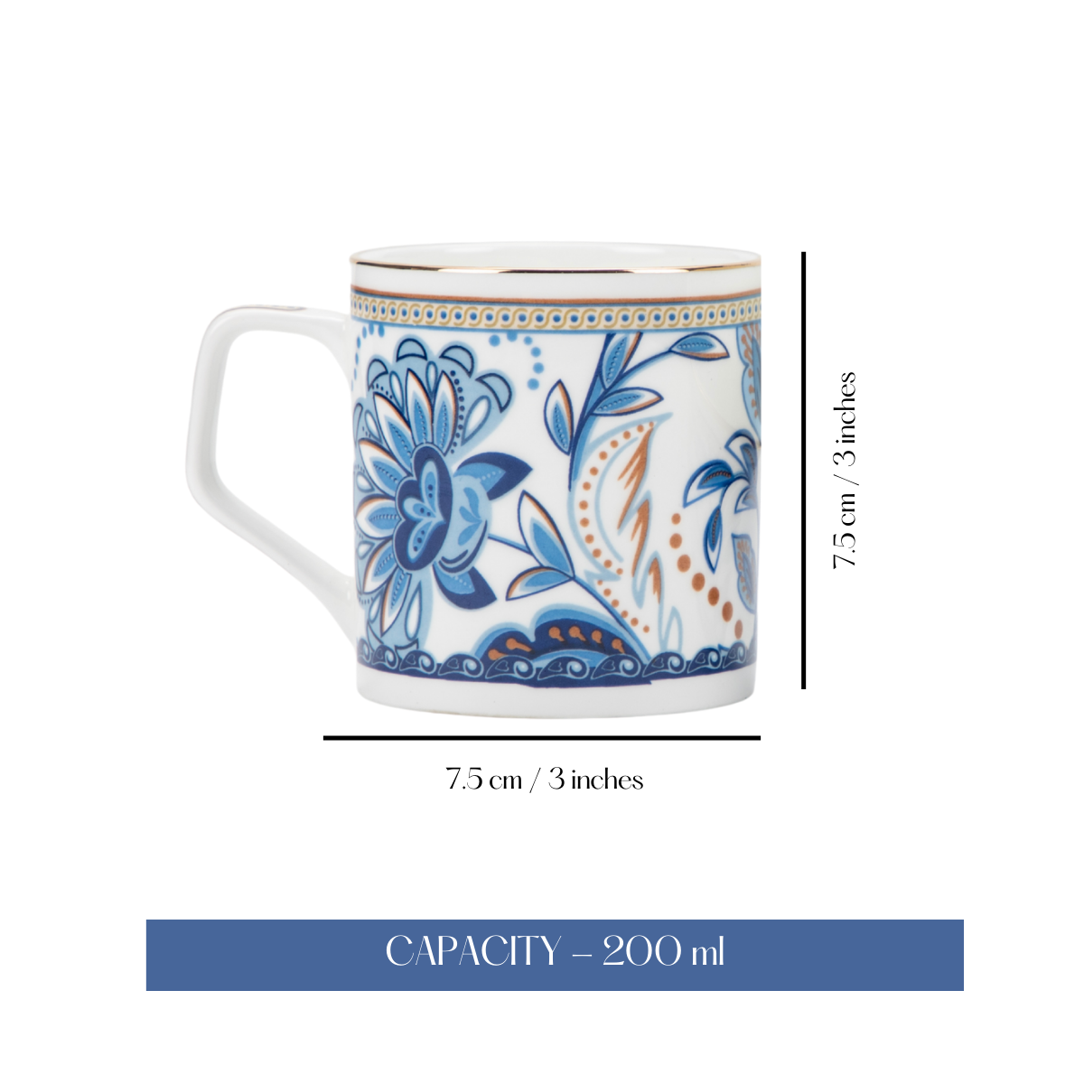Blue Blossom Tea/ Coffee Cups - Set of 6, 200 ml