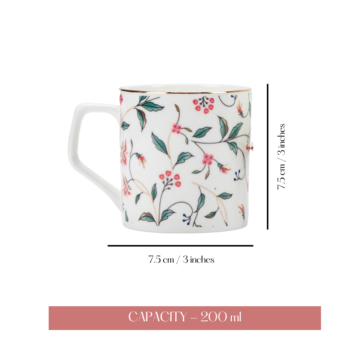 Leafy Blush & Pink Charm Tea & Coffee Cups - Set of 6, 200 ml