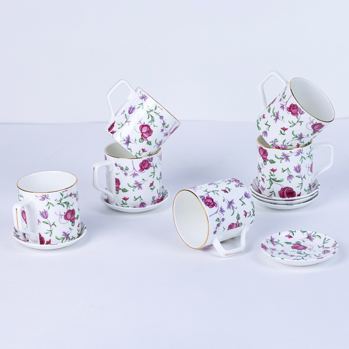 Button Rose Tea Cup & Coaster Set – 6 Cups + 6 Coasters, 200 ml, Premium Floral Ceramic Gift Set