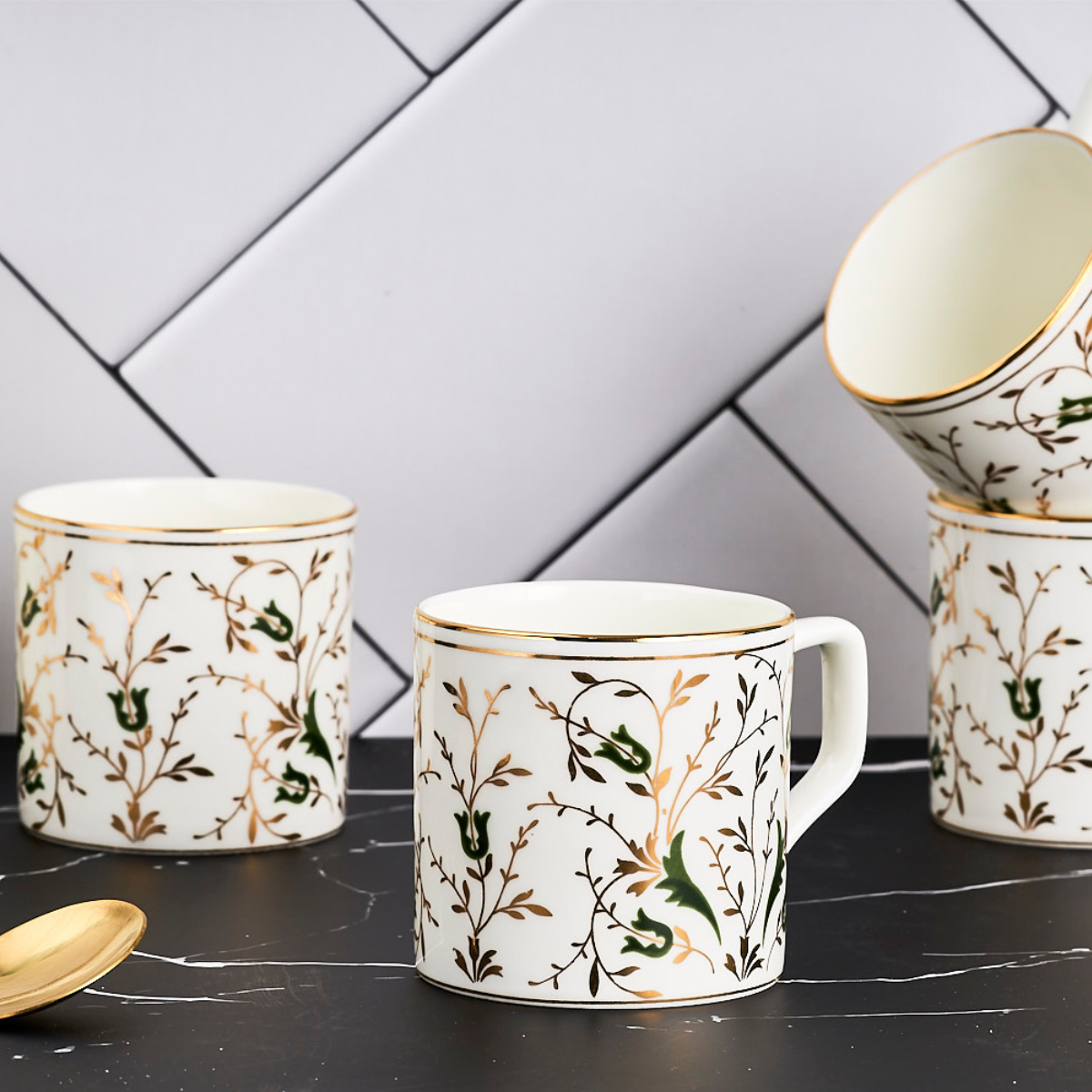 Golden Vine in Green Tea/ Coffee Cups - Set of 6 (24 carat Gold detailing), 200 ml
