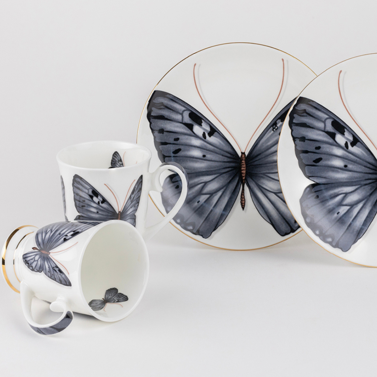 Grey Monarch Butterfly Mug & Snack Plate Set - 2 mugs (200 ml) & 2 plates (7 inches)