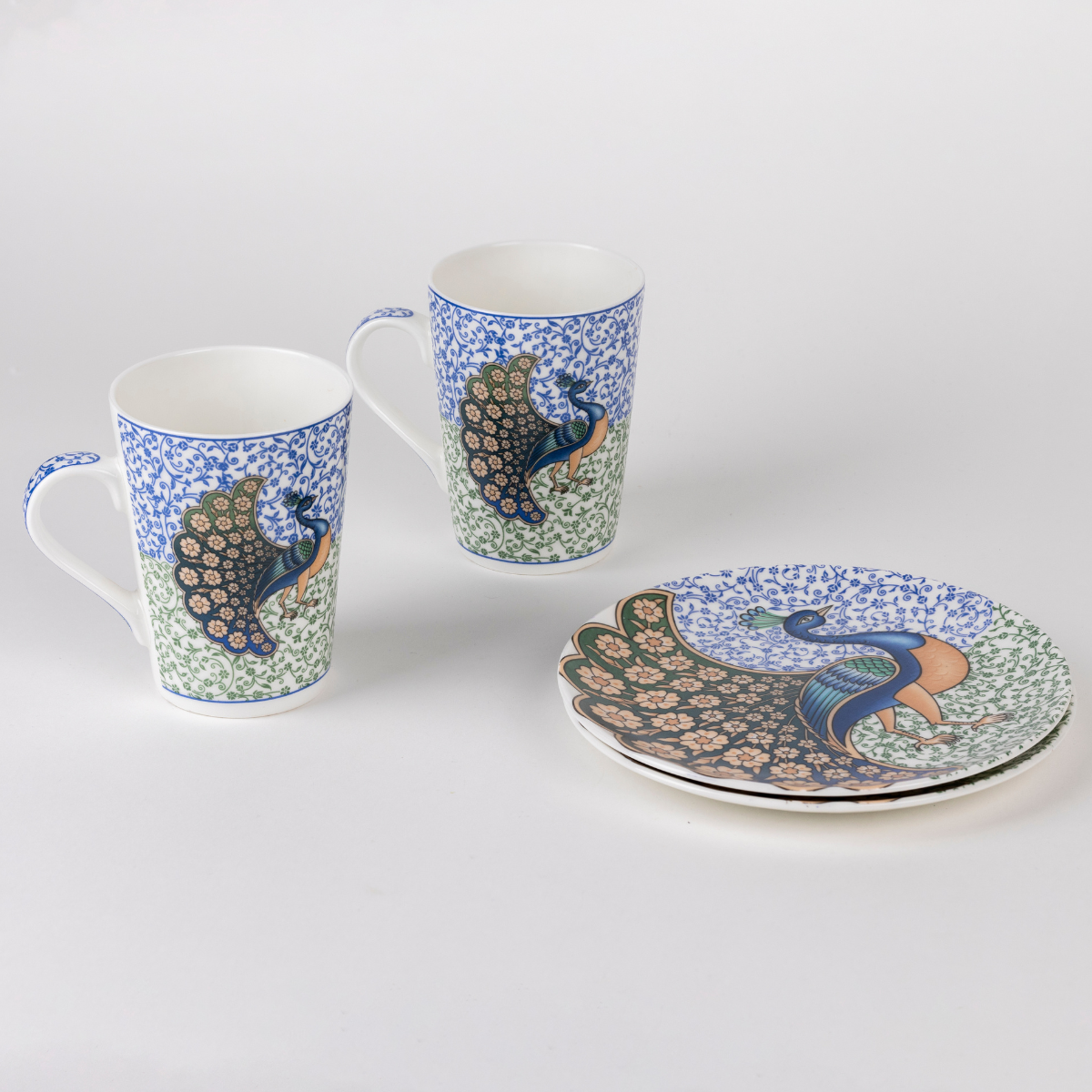 Indian Peafowl Mug & Snack Plate Set - 2 mugs & 2 plates