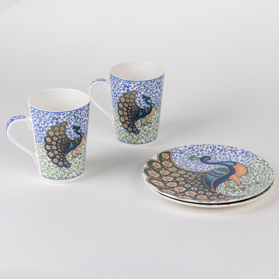 Indian Peafowl Mug & Snack Plate Set - 2 mugs & 2 plates