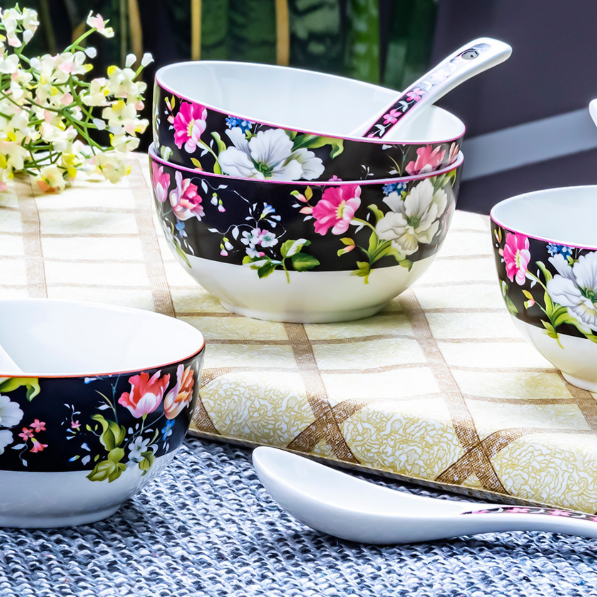 Garden splendor soup set (Black) - Set of 6 bowls & 6 spoons