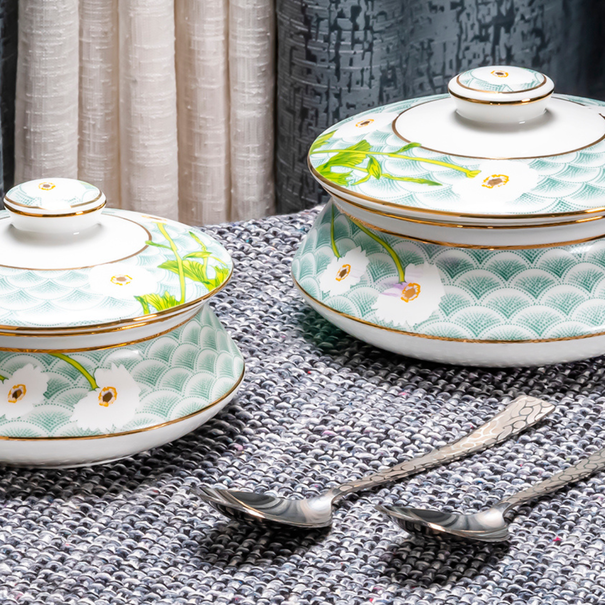 Camellia Florals Handi set with lids (24K Gold detailing) - Set of 2