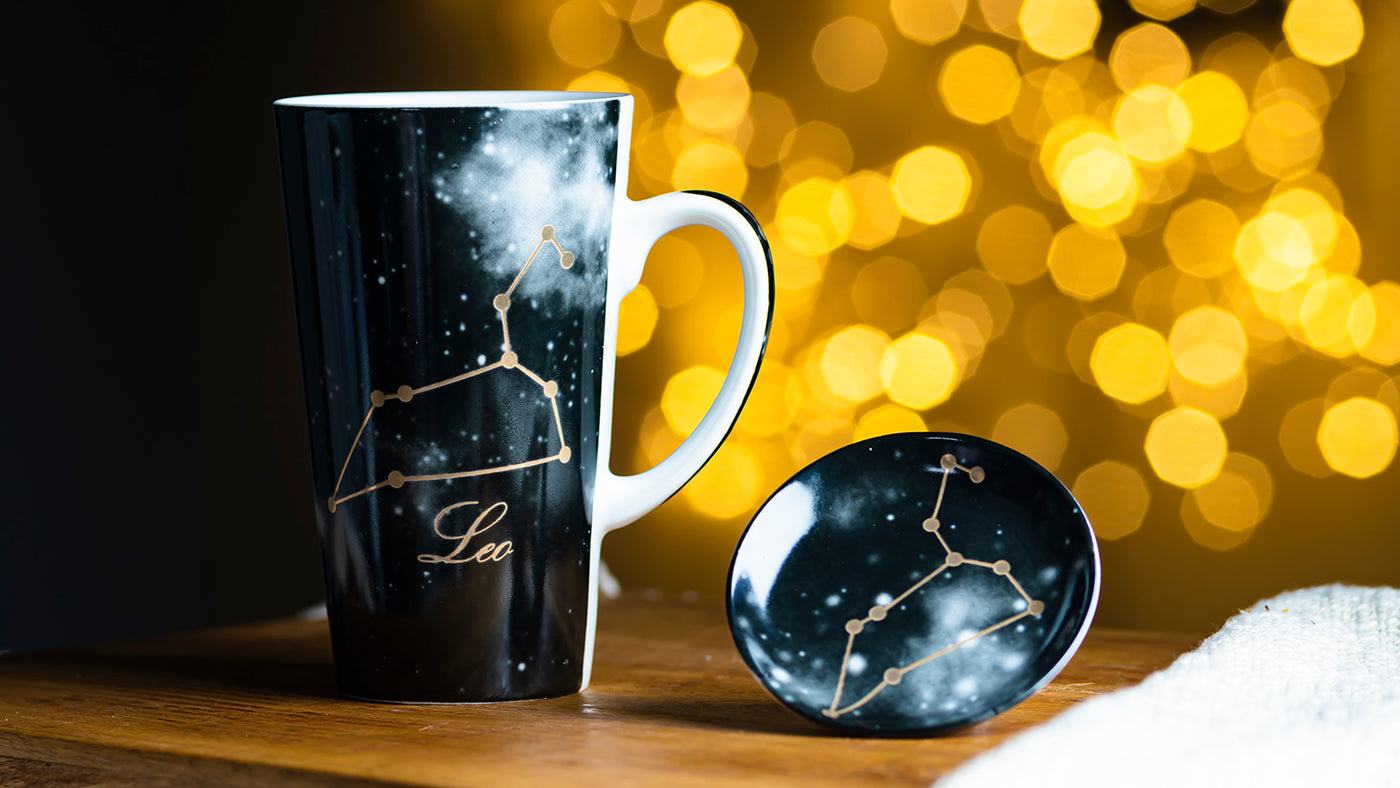 Zodiac Symphony (Leo black) mug– Set of 1 tall mug & coaster