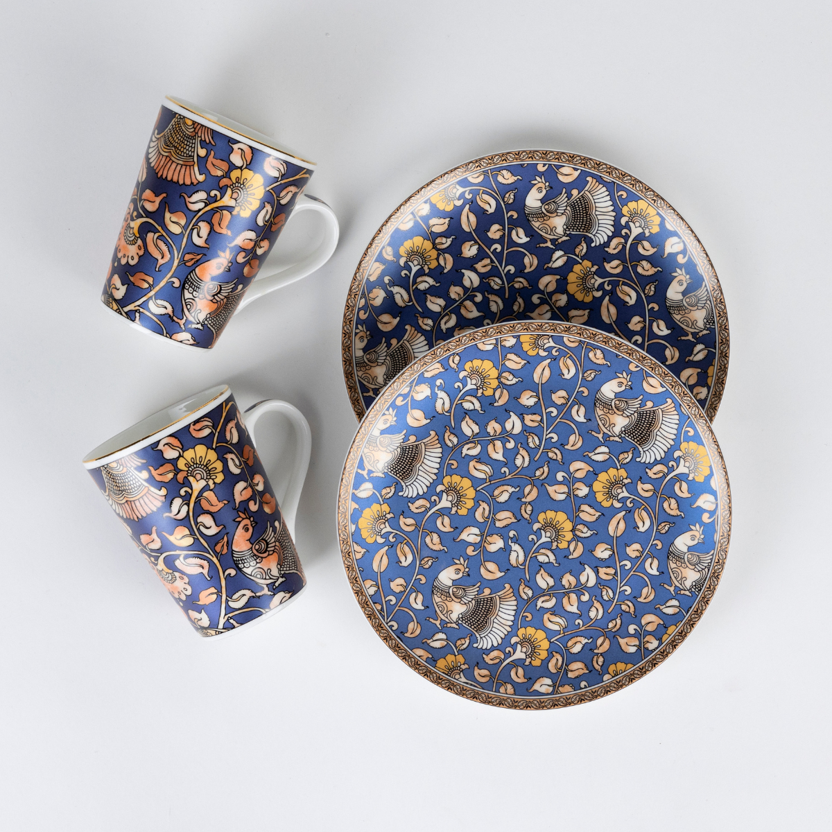 Kalamkari Hues in Blue Mug & Snack Plate Set - 2 mugs (200 ml) & 2 plates (7 inches)