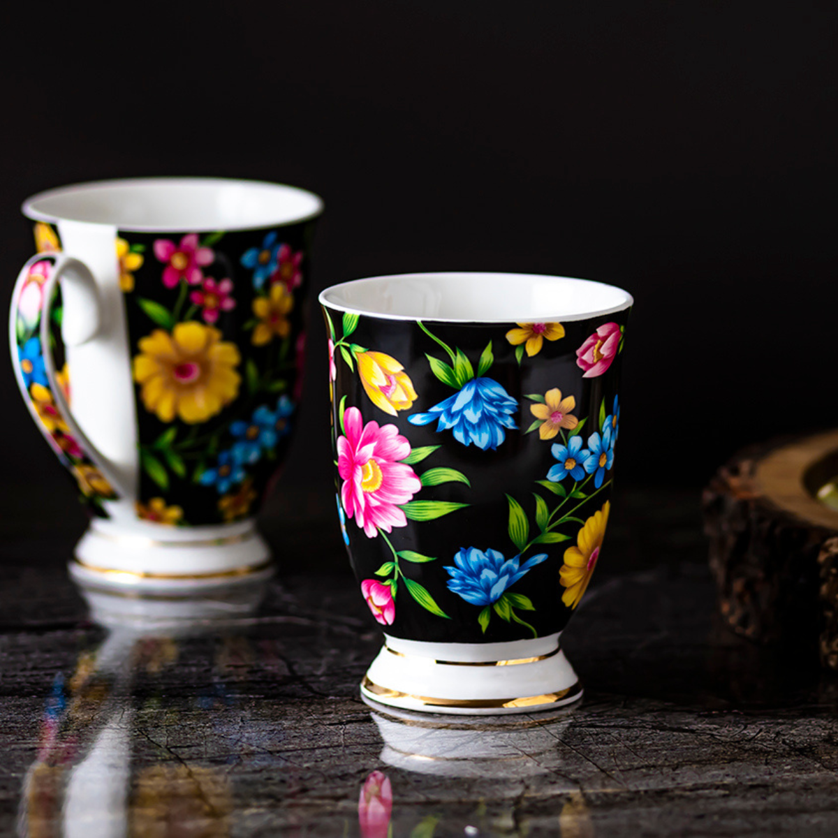 Floral splendor (Black) Coffee/Tea mugs - Set of 2 (300ml each)