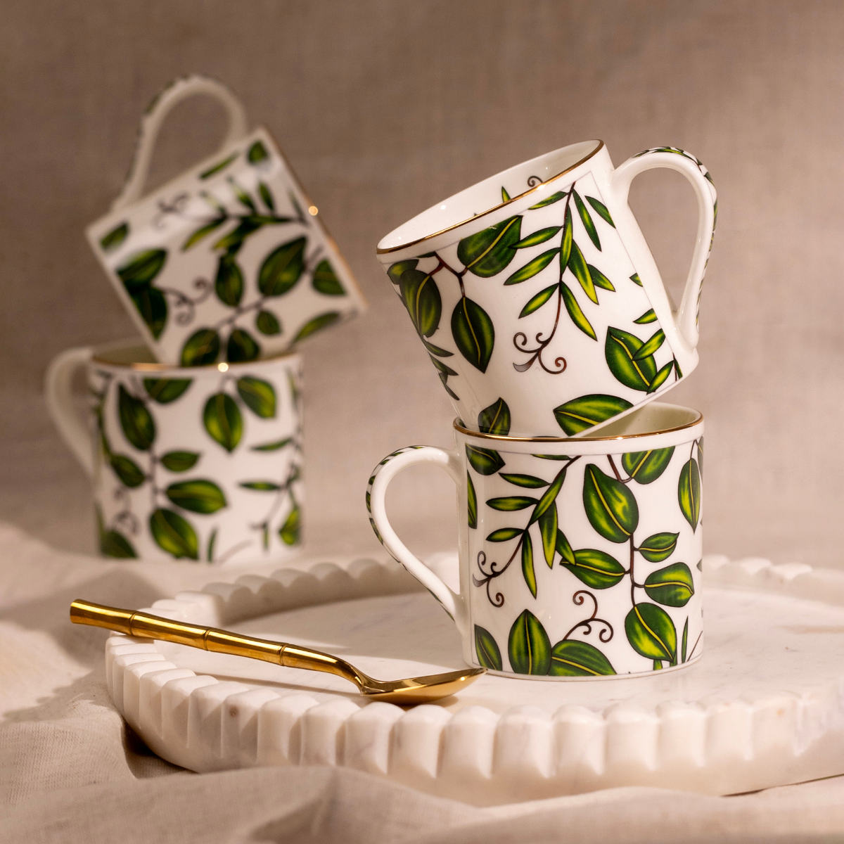 Elegant Foliage in Green Tea/ Coffee Cups - Set of 6, 200 ml