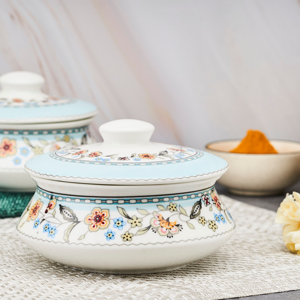 Blue Botanical Platinum Handi Bowls with Lid - Set of 2 (5 inch & 6 inch)