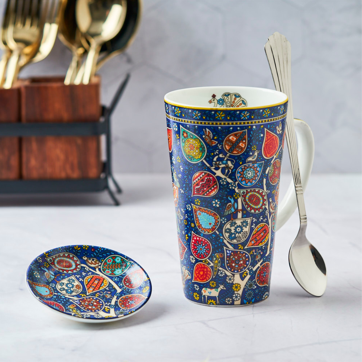 Blue Jaali Tall Mug with Spoon and Coaster – Set of 1 (500 ml)