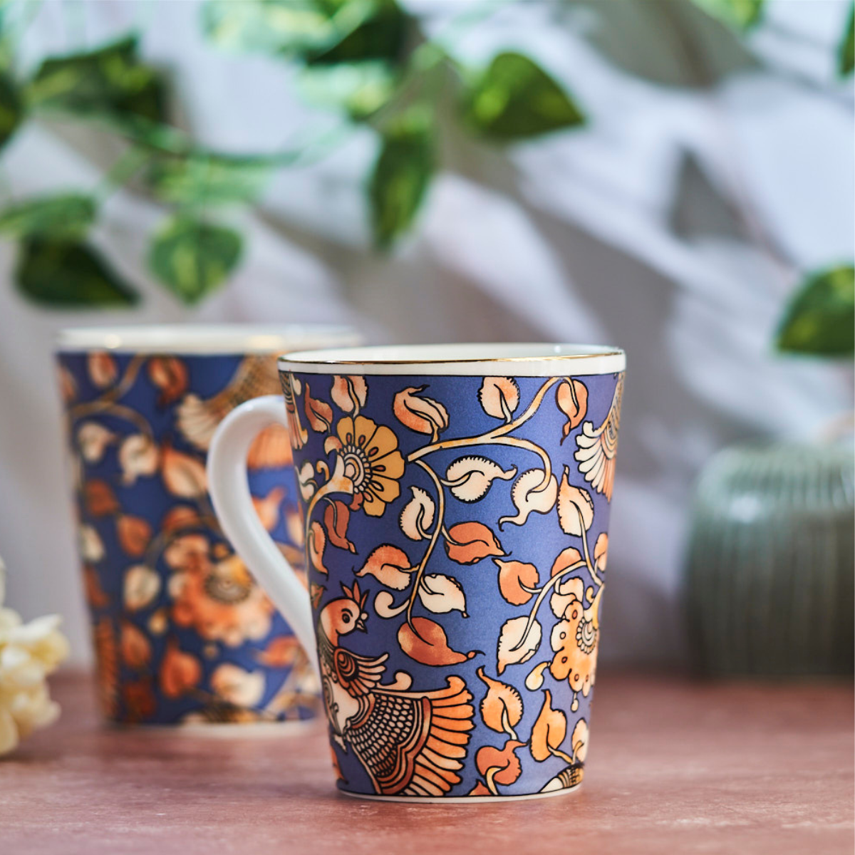 Bird in a Bush (Blue) Coffee/Tea mugs - Set of 2 (300ml each)
