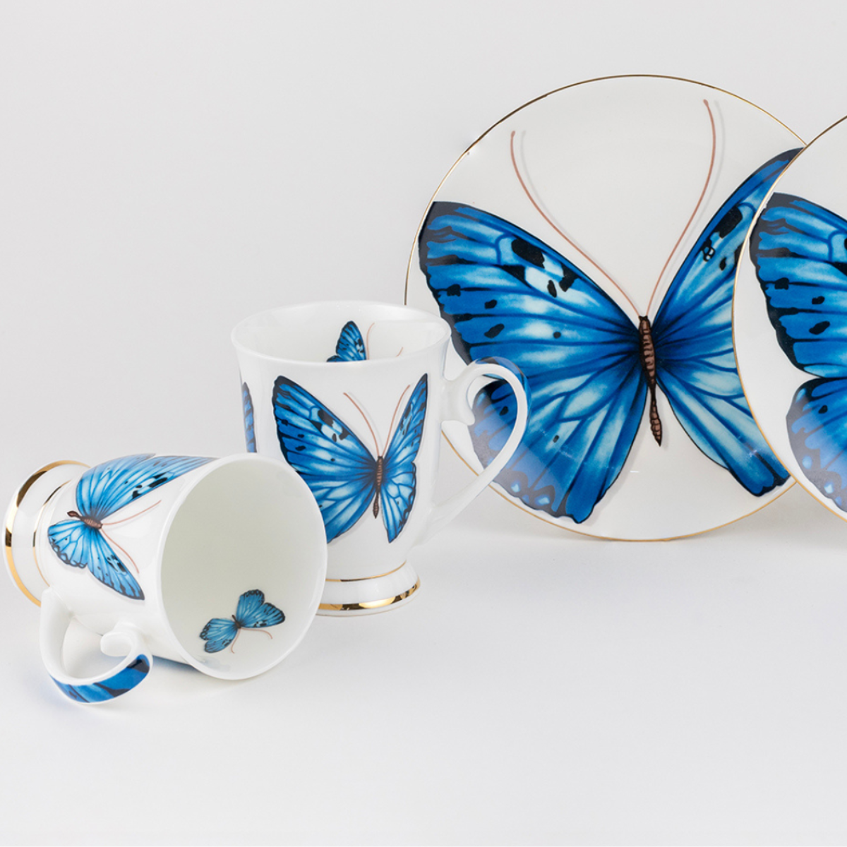 Blue Monarch Mug & Snack Plate Set - 2 mugs (200 ml) & 2 plates (7 inches)