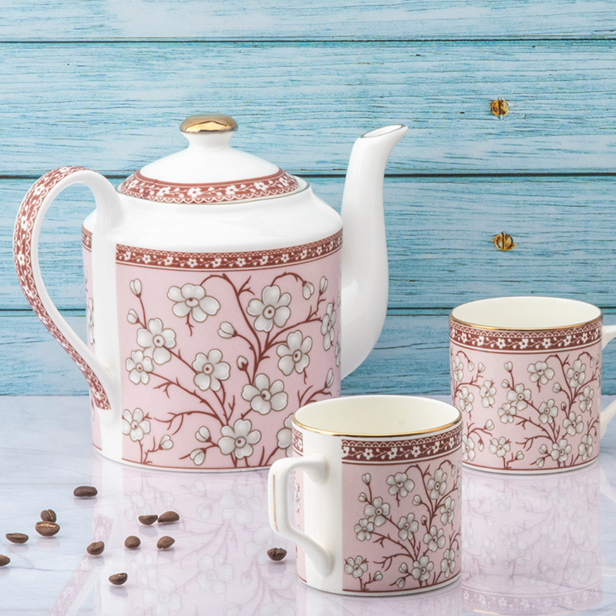 Sweet Alyssum Tea Set & Nut Tray - 6 Cups (200ml), 1 Kettle (1000ml), 2 Snack Trays