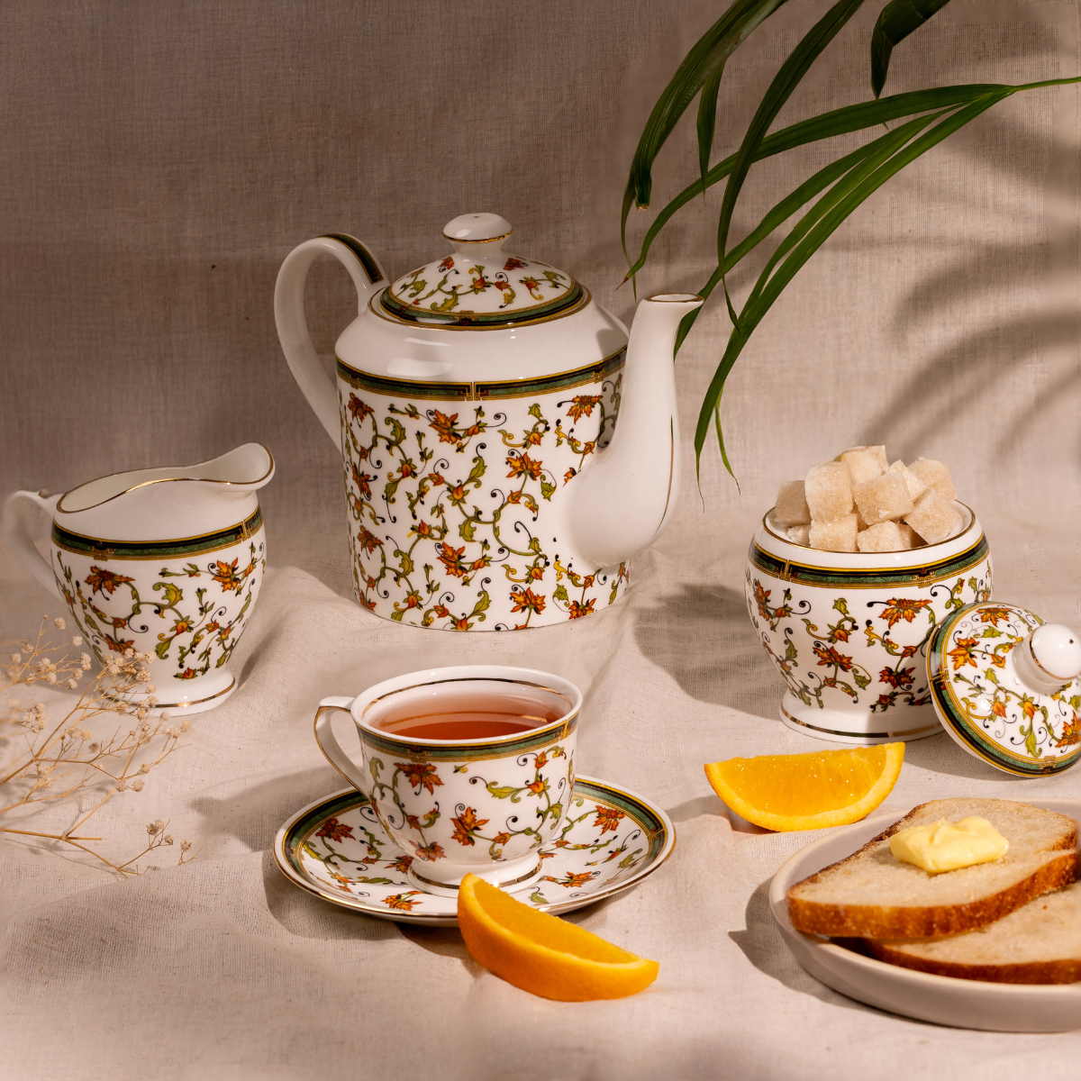 Chinar Bloom 15 piece Tea Set - 6 Cups & 6 Saucer, 1 Kettle, 1 Milk Pot & 1 Sugar Pot