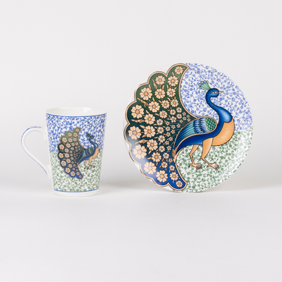 Indian Peafowl Mug & Snack Plate Set - 2 mugs & 2 plates