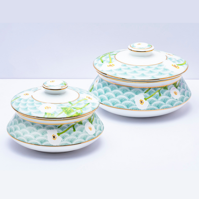 Camellia Florals Handi set with lids (24K Gold detailing) - Set of 2