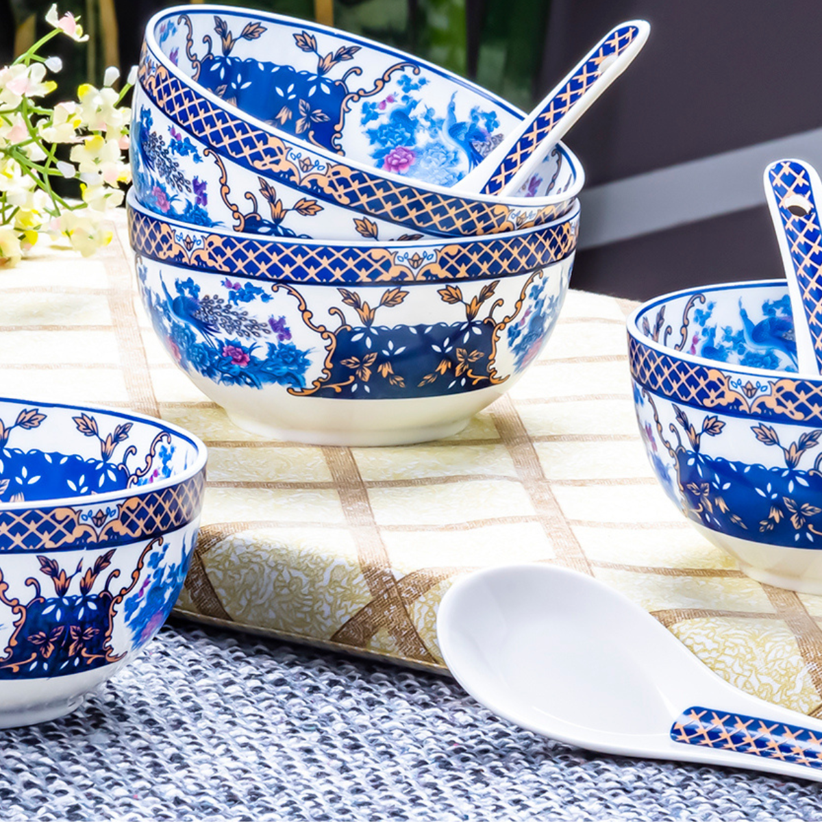 Twin blue peacocks soup set - Set of 6 bowls & 6 spoons