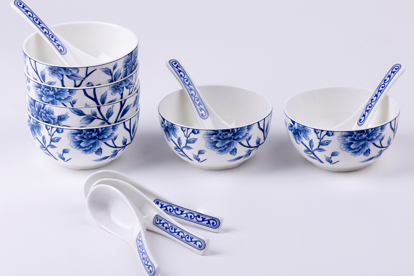 Sapphire Bloom soup set - Set of 6 bowls & 6 spoons