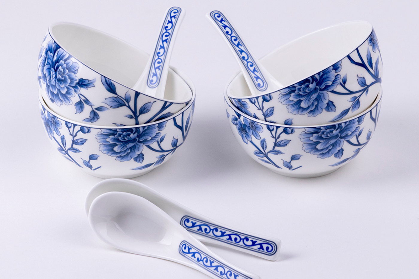 Sapphire Bloom soup set - Set of 6 bowls & 6 spoons