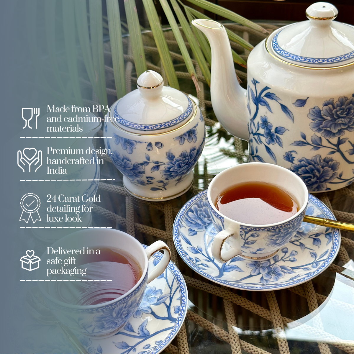 Sapphire Bloom 15 piece Tea Set - 6 Cups & 6 Saucer, 1 Kettle, 1 Milk Pot & 1 Sugar Pot