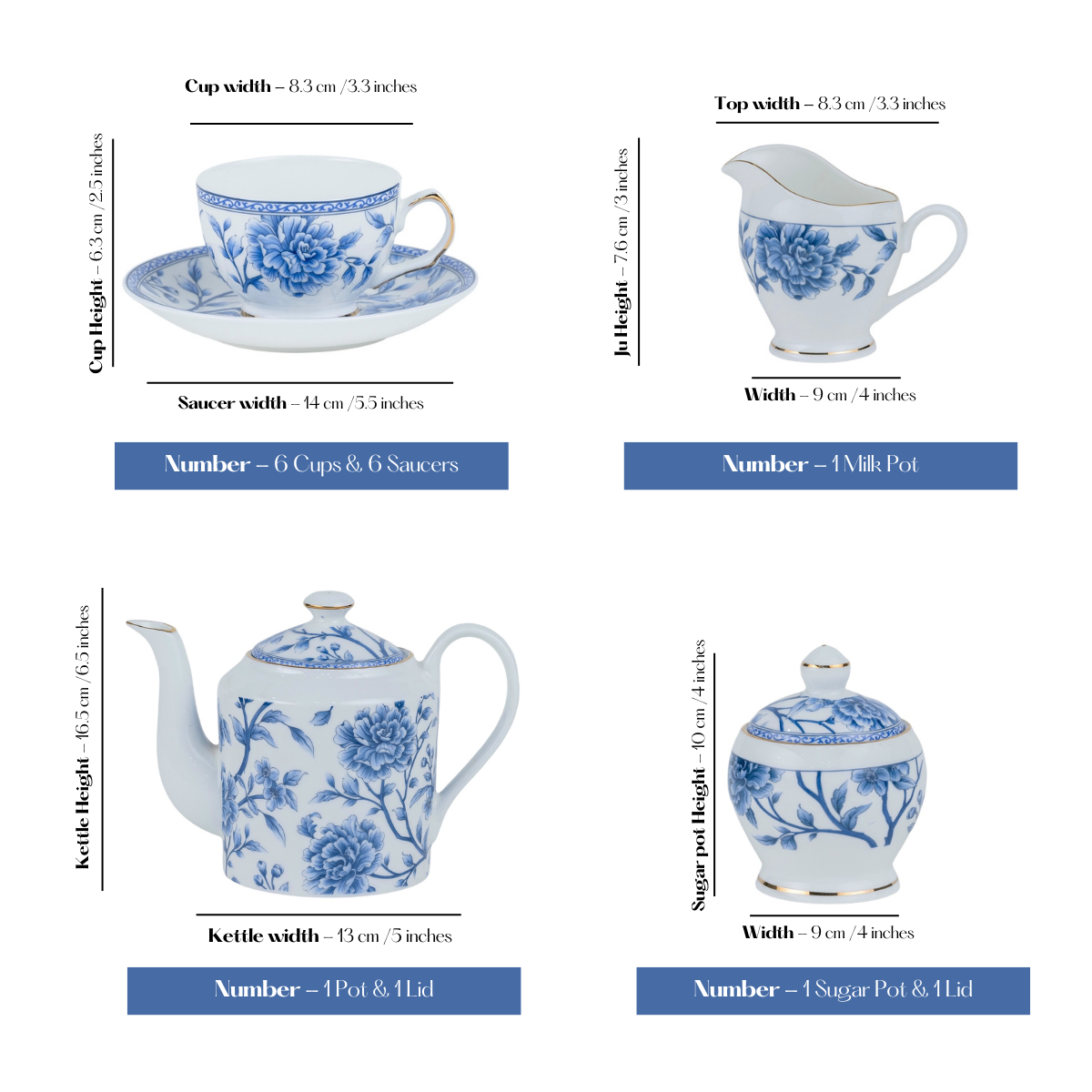 Sapphire Bloom 15 piece Tea Set - 6 Cups & 6 Saucer, 1 Kettle, 1 Milk Pot & 1 Sugar Pot