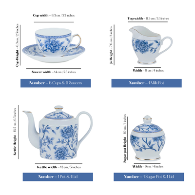 Sapphire Bloom 15 piece Tea Set - 6 Cups & 6 Saucer, 1 Kettle, 1 Milk Pot & 1 Sugar Pot