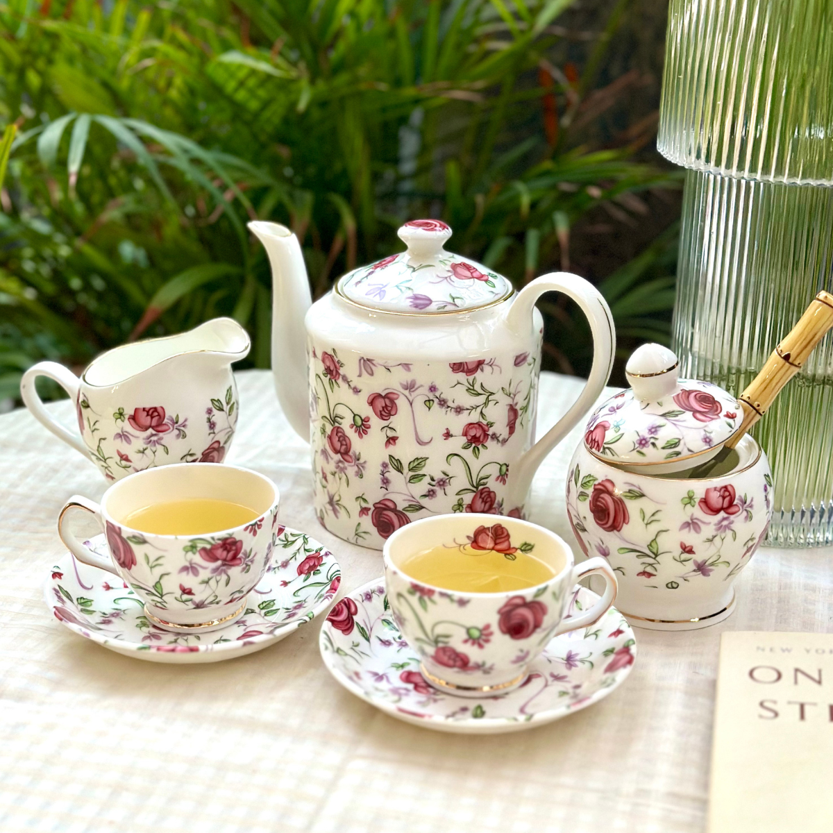 Button Rose 15 piece Tea Set - 6 Cups & 6 Saucer, 1 Kettle, 1 Milk Pot & 1 Sugar Pot