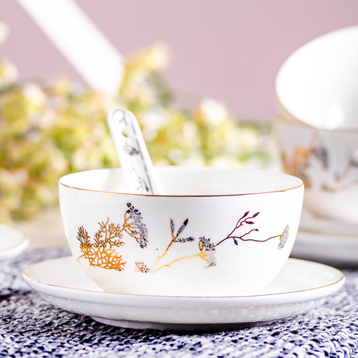 Baby's breath soup set - Set of 6 bowls, 6 spoons & 6 saucers