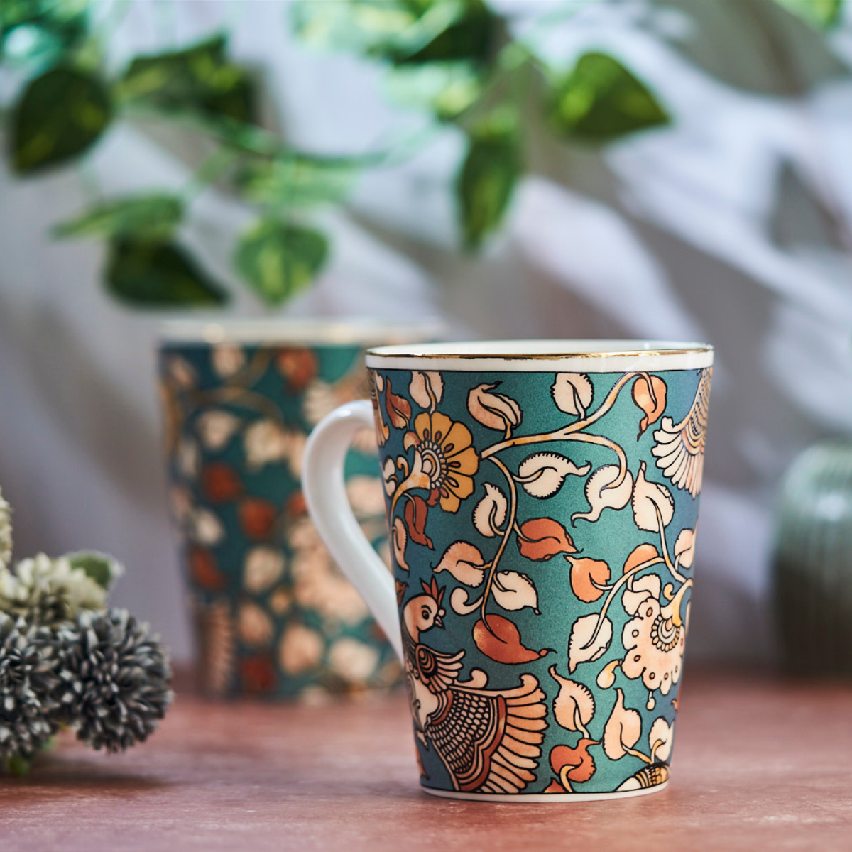 Bird in a bush (Green) Coffee/Tea mugs - Set of 2 (300ml each)