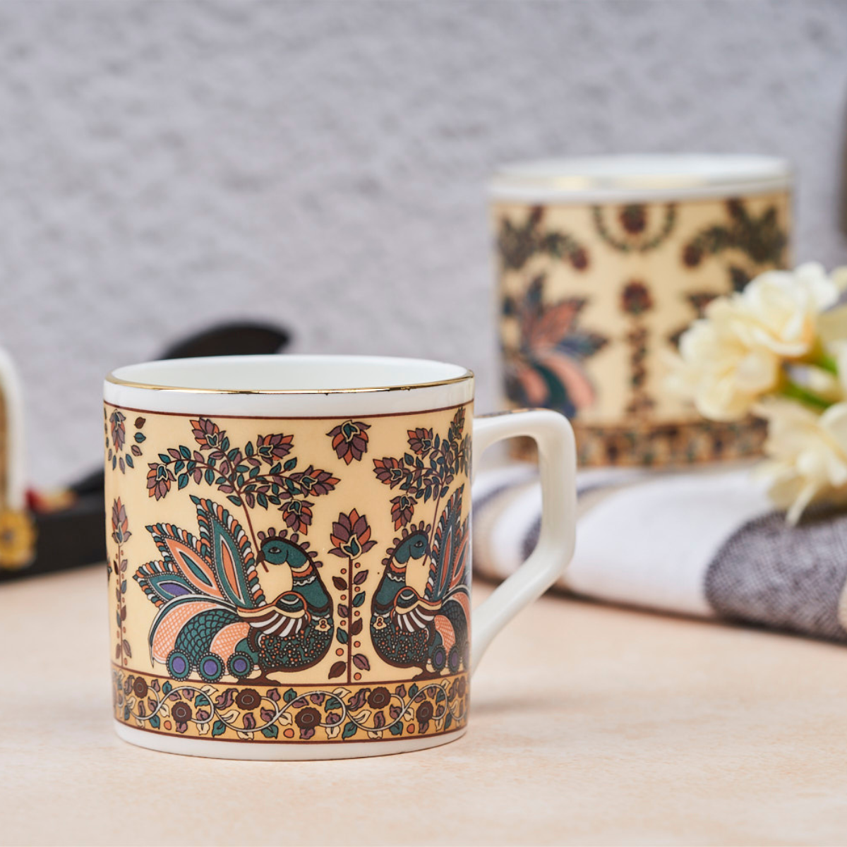 Traditional painted peacocks Tea/ Coffee Cups - Set of 6, 200 ml