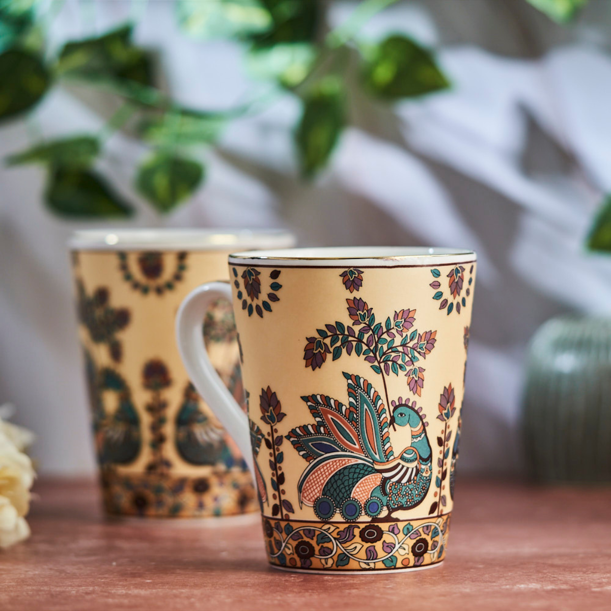 Madhubani Peacock Coffee/Tea mugs - Set of 2 (300ml each)