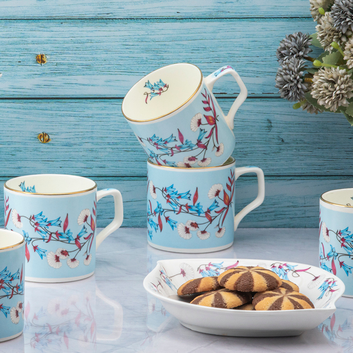 Bird of Paradise Tea Set & Nut Tray - 6 Cups (200ml), 1 Kettle (1000ml), 2 Snack Trays