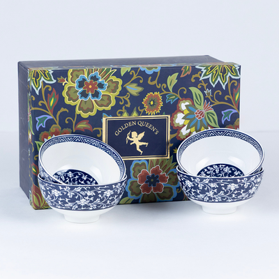 Indigo Floral Porcelain Bowls for Snacks - Set of 4 Pieces, 5 inch Wide